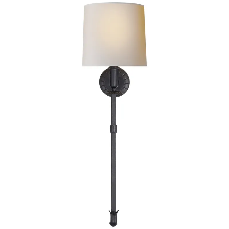 Thomas O'Brien Michel Tail Sconce in Aged Iron with Natural Paper Shade Wall Light W8.75" x H30.25"