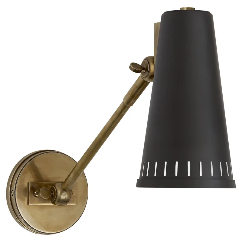 Thomas O'Brien Antonio Adjustable One Arm Wall Lamp in Hand-Rubbed Antique Brass with Matte Black Shade Wall Light W4.5" x H8.25"