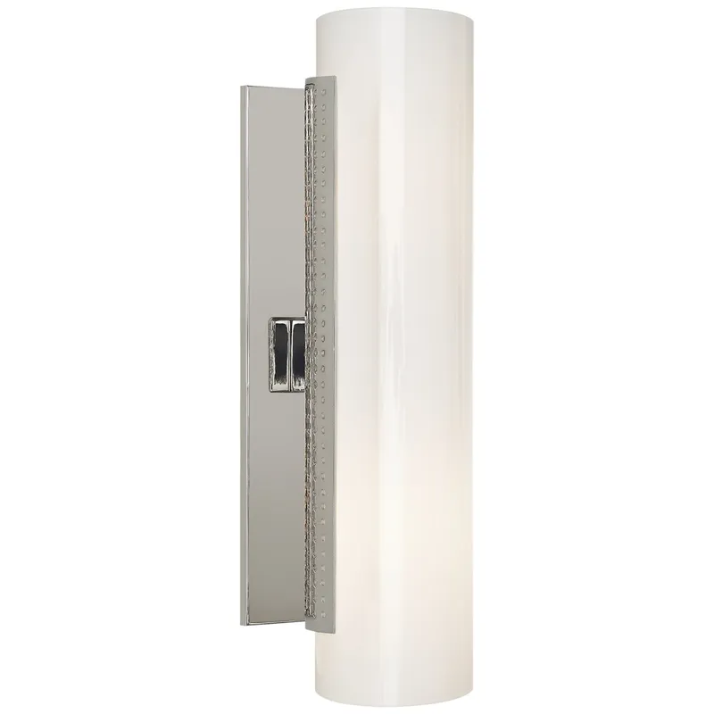 Kelly Wearstler Precision Cylinder Sconce in Polished Nickel with White Glass Wall Light W4" x H14"