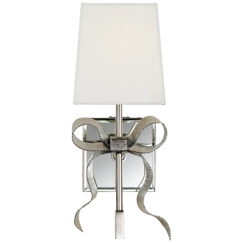 kate spade new york Ellery Gros-Grain Bow Small Sconce in Polished Nickel with Cream Linen Shade Wall Light W5" x H13.5"