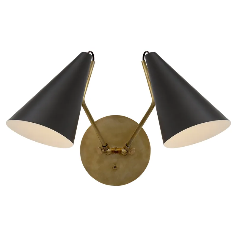 AERIN Clemente Double Sconce in Hand-Rubbed Antique Brass with Matte Black Shades Wall Light W19.25" x H9.5"