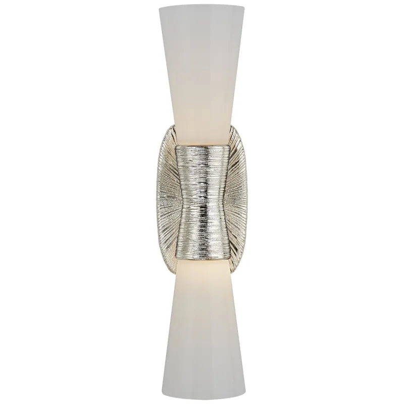 Kelly Wearstler Utopia Small Double Bath Sconce in Polished Nickel with White Glass Wall Light W4.5" x H18"