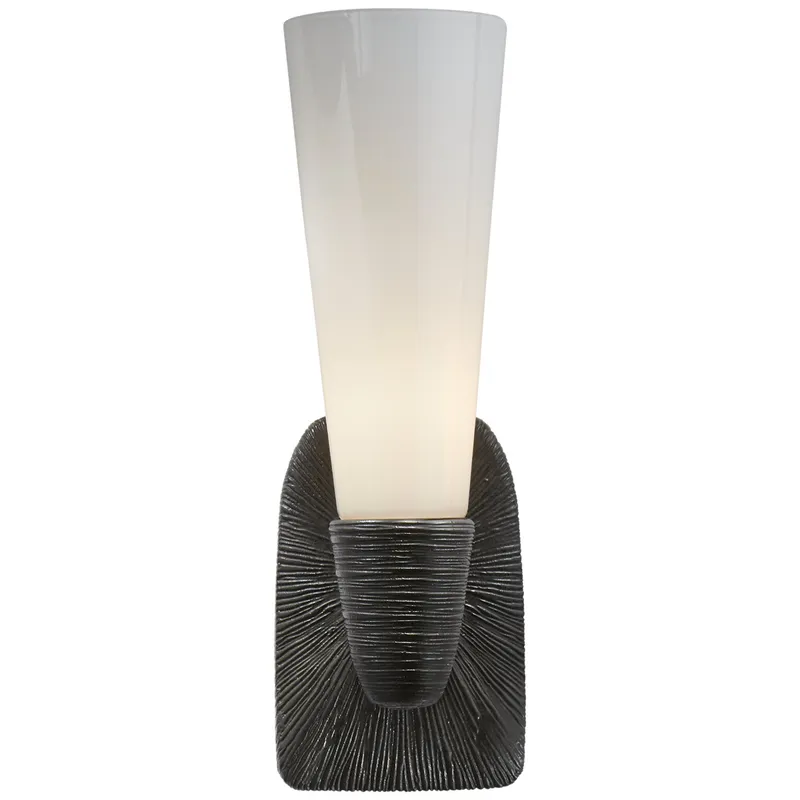 Kelly Wearstler Utopia Small Single Bath Sconce in Aged Iron with White Glass Wall Light W4.75" x H14"
