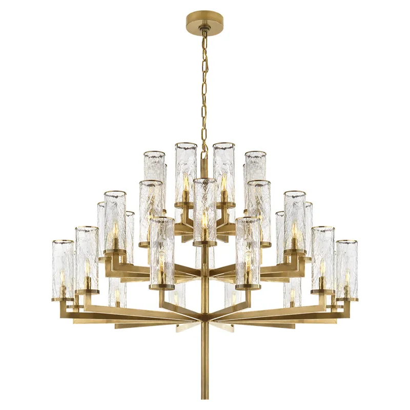 Kelly Wearstler Liaison Triple Tier Chandelier in Antique-Burnished Brass with Crackle Glass Ceiling Light W47.5"