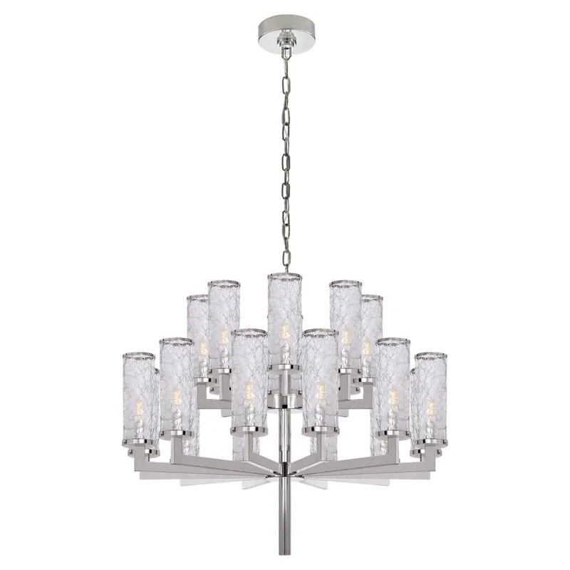 Kelly Wearstler Liaison Double Tier Chandelier in Polished Nickel with Crackle Glass Ceiling Light W34"