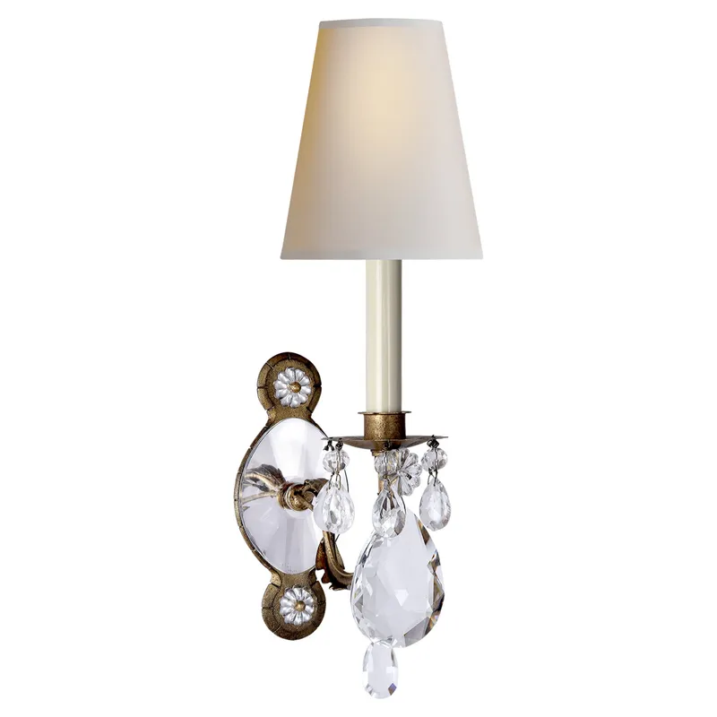 Thomas O'Brien Yves Crystal Single Arm Sconce in Gilded Iron and Crystal with Natural Percale Shade Wall Light W5" x H19"