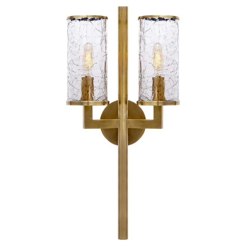 Kelly Wearstler Liaison Double Sconce in Antique-Burnished Brass with Crackle Glass Wall Light W9.5" x H19"