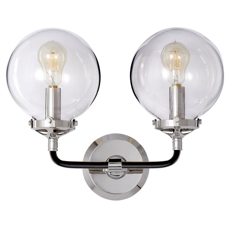 Ian K. Fowler Bistro Double Light Curved Sconce in Polished Nickel and Black with Clear Glass Wall Light W14" x H10.75"