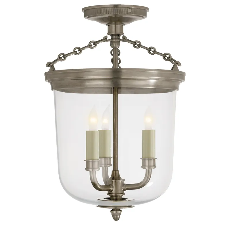 Thomas O'Brien Merchant Semi-Flush in Antique Nickel with Clear Glass Ceiling Light W11.25" x H16.5"