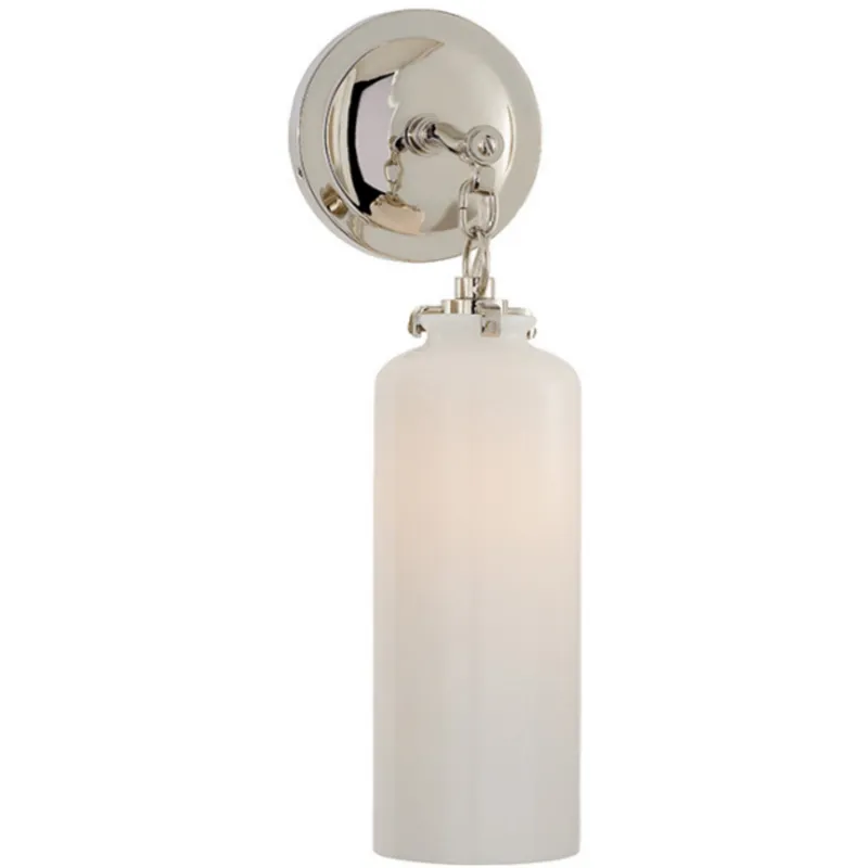 Thomas O'Brien Katie Small Cylinder Sconce in Polished Nickel with White Glass Wall Light W5" x H16.25"