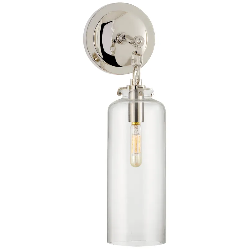 Thomas O'Brien Katie Small Cylinder Sconce in Polished Nickel with Clear Glass Wall Light W5" x H16.25"