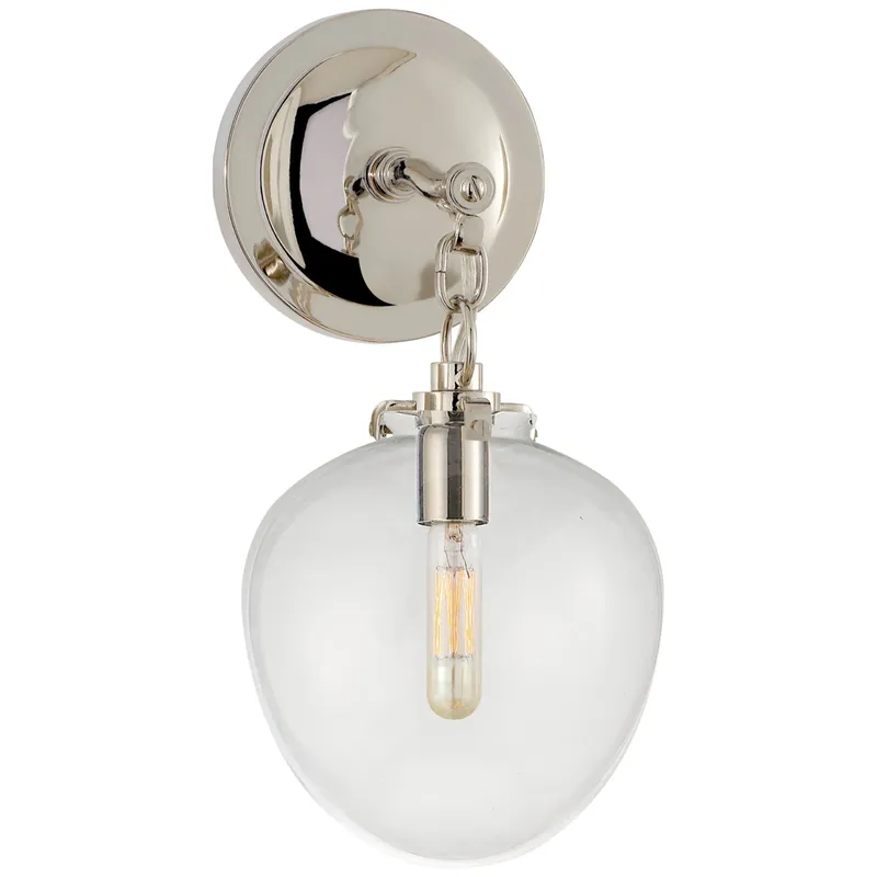 Thomas O'Brien Katie Small Acorn Sconce in Polished Nickel with Clear Glass Wall Light W6.5" x H13.5"