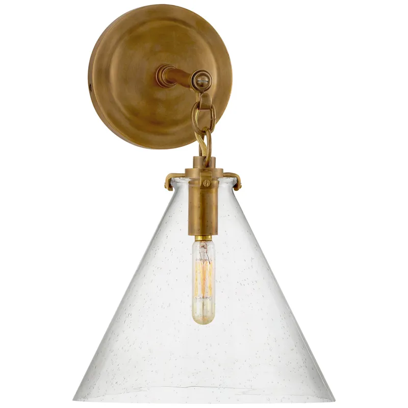 Thomas O'Brien Katie Small Conical Sconce in Hand-Rubbed Antique Brass with Seeded Glass Wall Light W9.25" x H14.5"