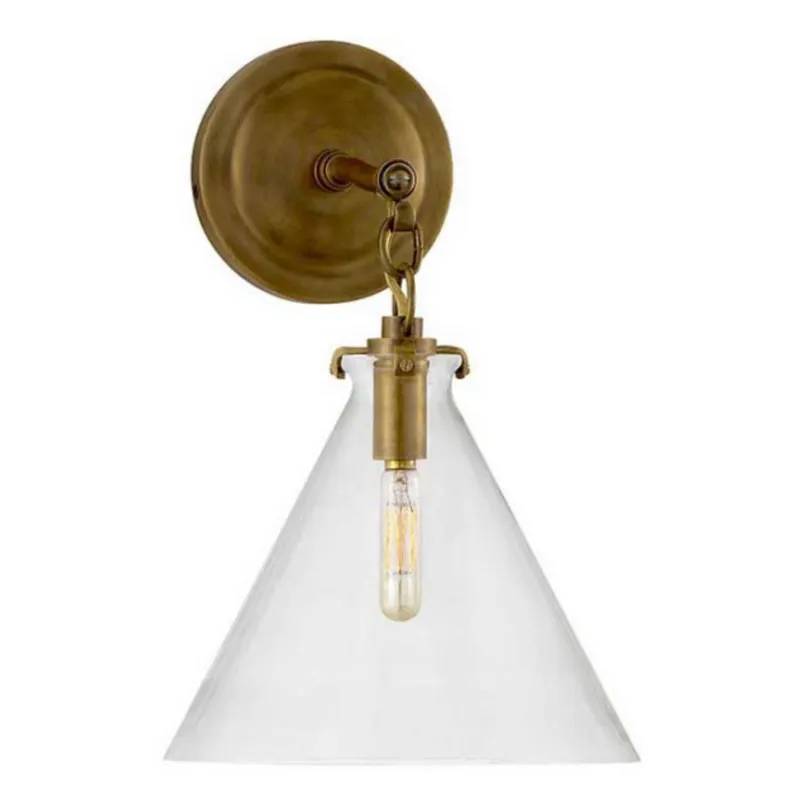 Thomas O'Brien Katie Small Conical Sconce in Hand-Rubbed Antique Brass with Clear Glass Wall Light W9.25" x H14.5"