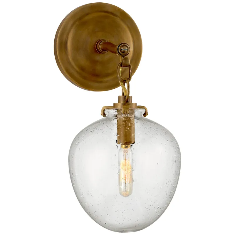 Thomas O'Brien Katie Small Acorn Sconce in Hand-Rubbed Antique Brass with Seeded Glass Wall Light W6.5" x H13.5"