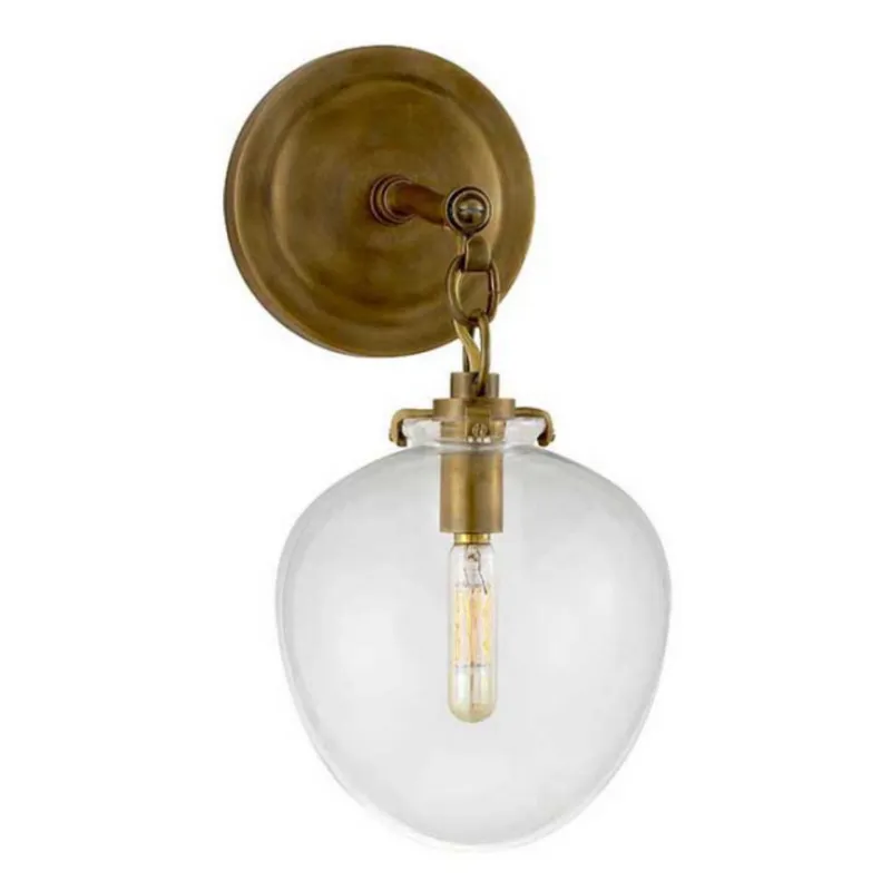 Thomas O'Brien Katie Small Acorn Sconce in Hand-Rubbed Antique Brass with Clear Glass Wall Light W6.5" x H13.5"