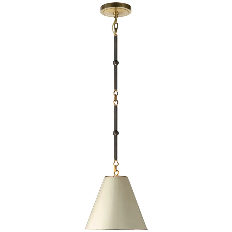 Thomas O'Brien Goodman Petite Hanging Shade in Bronze and Hand-Rubbed Antique Brass with Antique White Shade Ceiling Light W9.5"