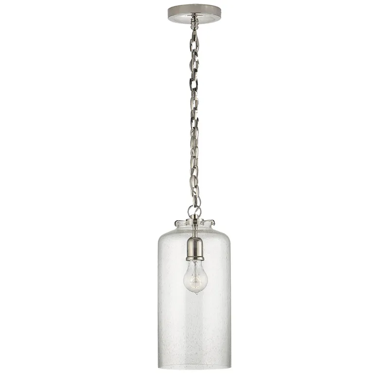 Thomas O'Brien Katie Cylinder Pendant in Polished Nickel with Seeded Glass Ceiling Light W7" x H15.75"