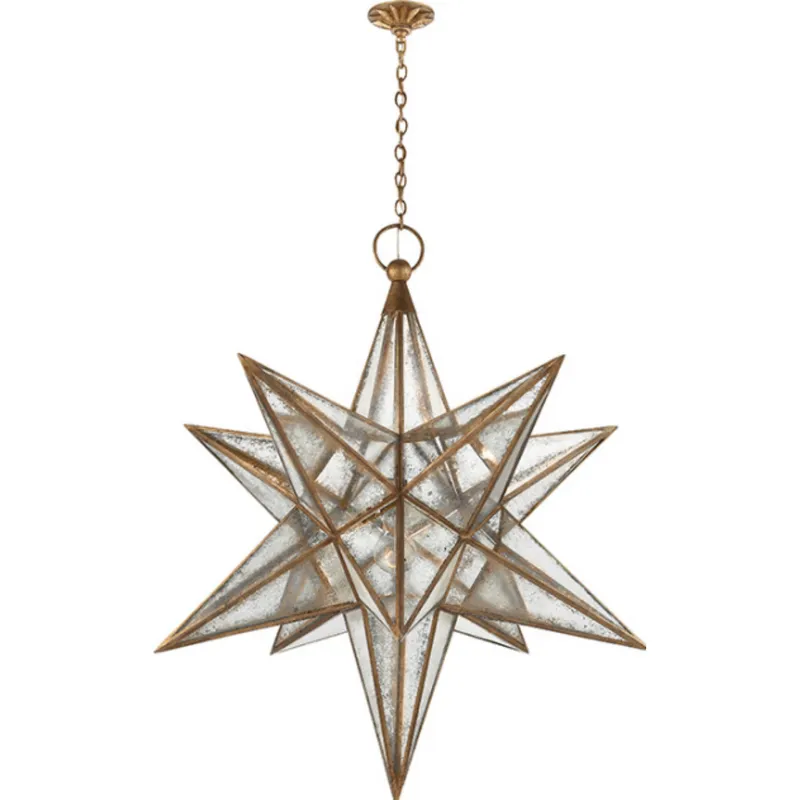 Chapman & Myers Moravian XL Star Lantern in Gilded Iron with Antique Mirror Ceiling Light W48" x H52.25"