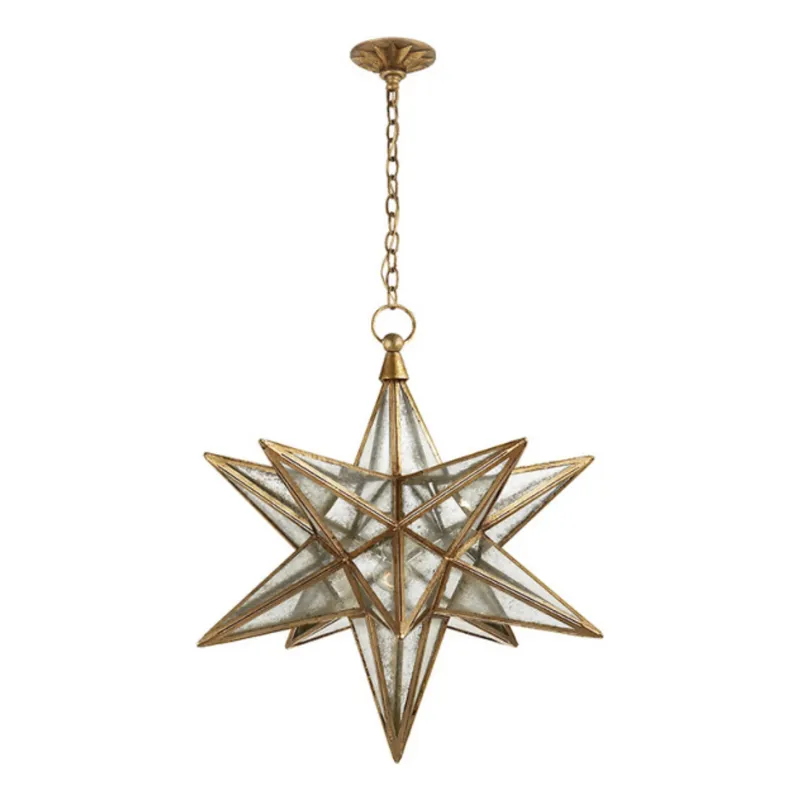 Chapman & Myers Moravian Large Star Lantern in Gilded Iron with Antique Mirror Ceiling Light W30" x H32.75"