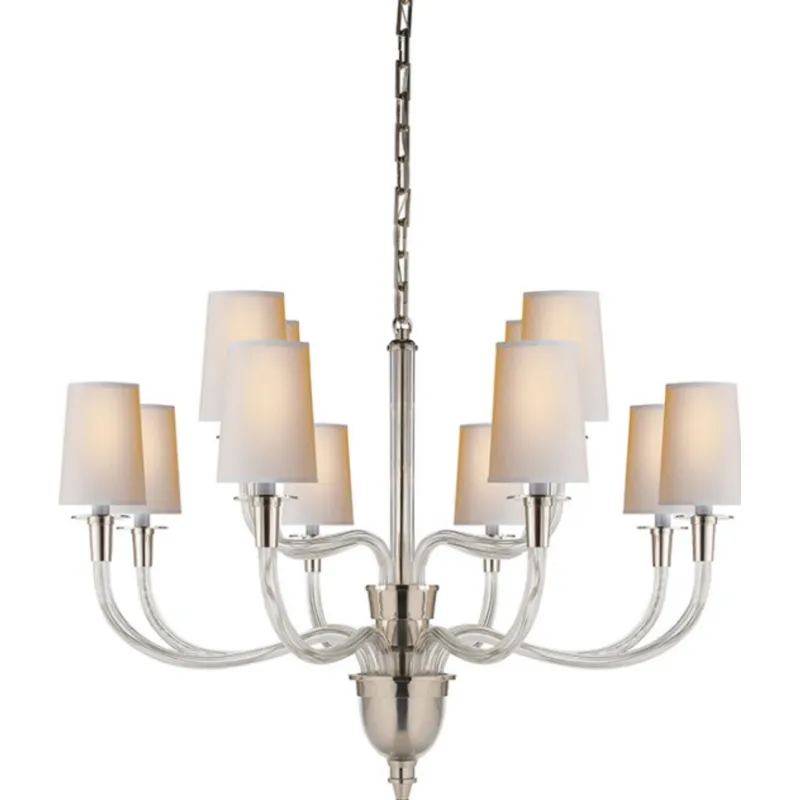 Thomas O'Brien Vivian Large Two-Tier Chandelier in Polished Nickel with Natural Paper Shades Ceiling Light W36" x H25"