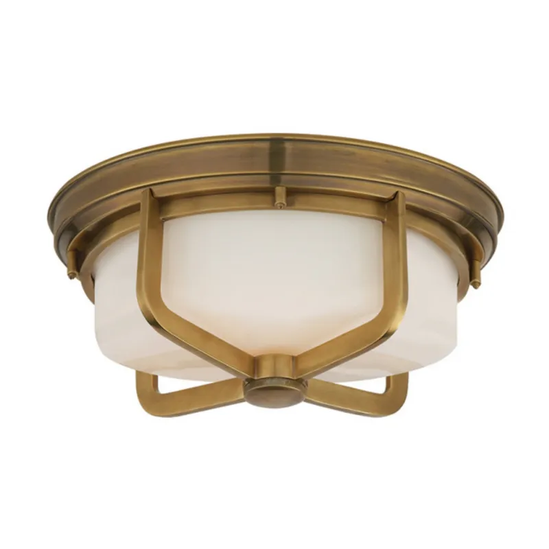 Thomas O'Brien Milton Large Flush Mount in Hand-Rubbed Antique Brass with White Glass Ceiling Light W14.5" x H6"