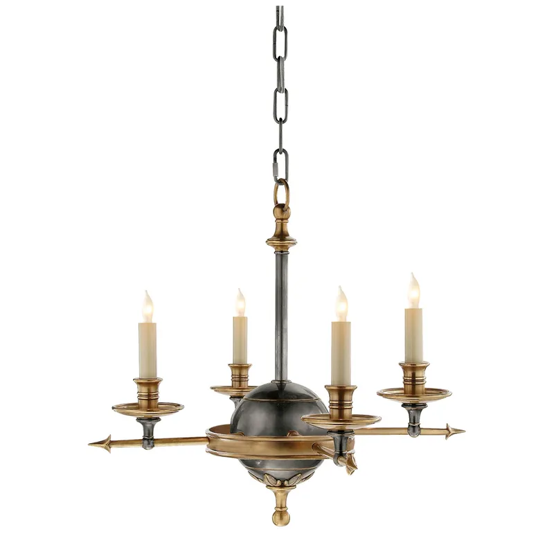 Chapman & Myers Leaf and Arrow Small Chandelier in Bronze with Antique-Burnished Brass Ceiling Light W15.5" x H14"