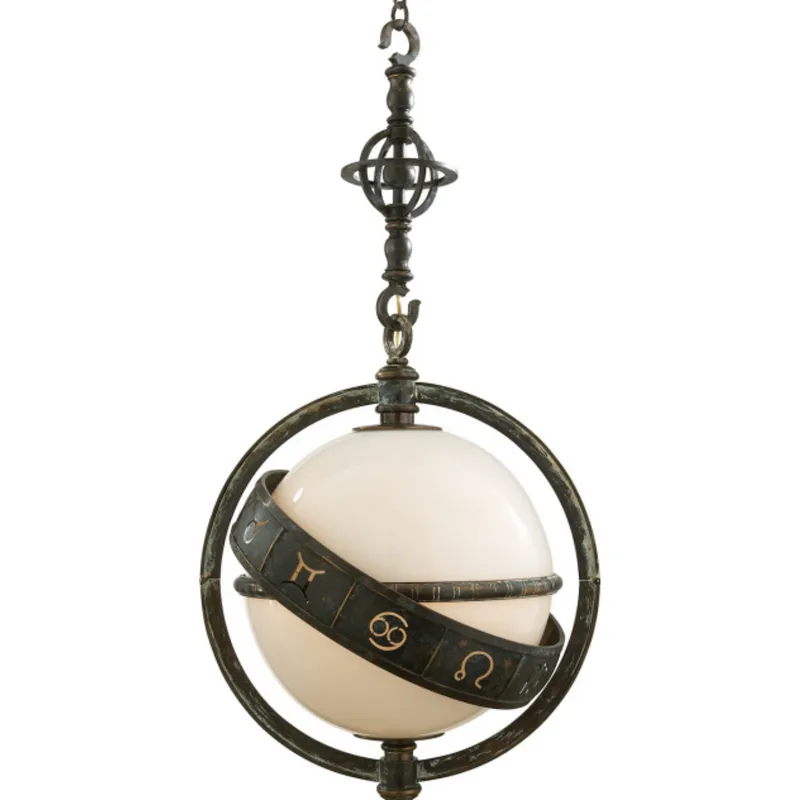 Chapman & Myers Zodiac Lantern in Bronze with Verdigris Highlights with White Glass Ceiling Light W23.5"