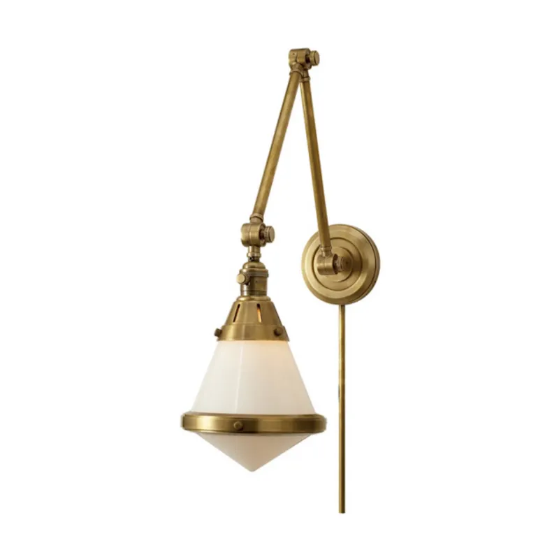 Thomas O'Brien Gale Library Wall Light in Hand-Rubbed Antique Brass with White Glass W7.5" x H21.5"