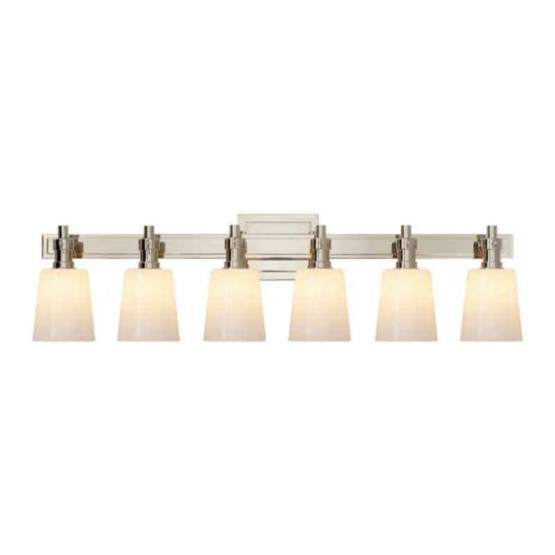 Thomas O'Brien Bryant Six-Light Linear Bath Sconce in Polished Nickel with White Glass Wall Light W29" x H8"