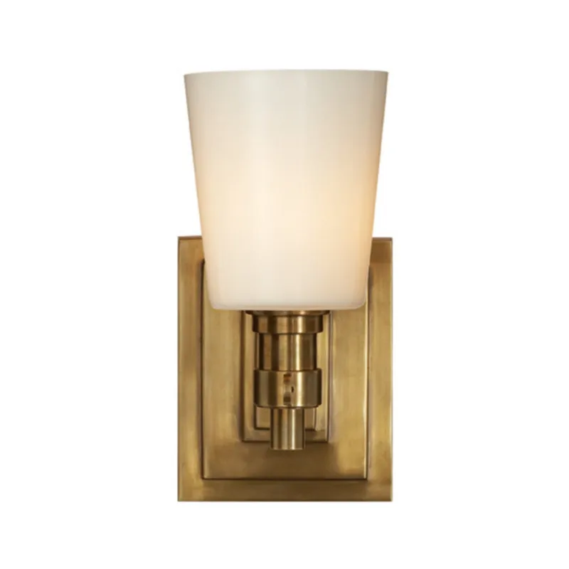 Thomas O'Brien Bryant Single Bath Sconce in Hand-Rubbed Antique Brass with White Glass Wall Light W4" x H8"