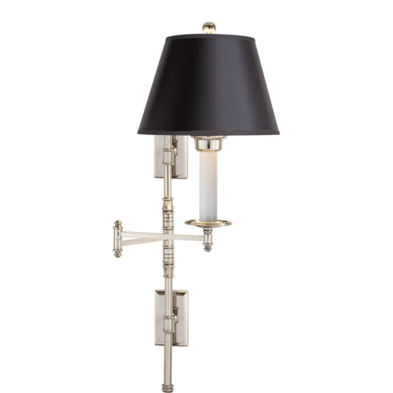 Chapman & Myers Dorchester Double Backplate Swing Arm in Polished Nickel with Black Paper Shade Wall Light W20" x H27"