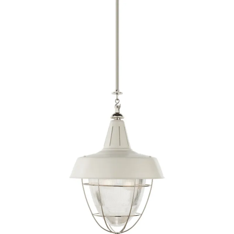 Thomas O'Brien Henry Industrial Hanging Light in Polished Nickel and White Shade with Industrial Prismatic Glass Ceiling Light W18"
