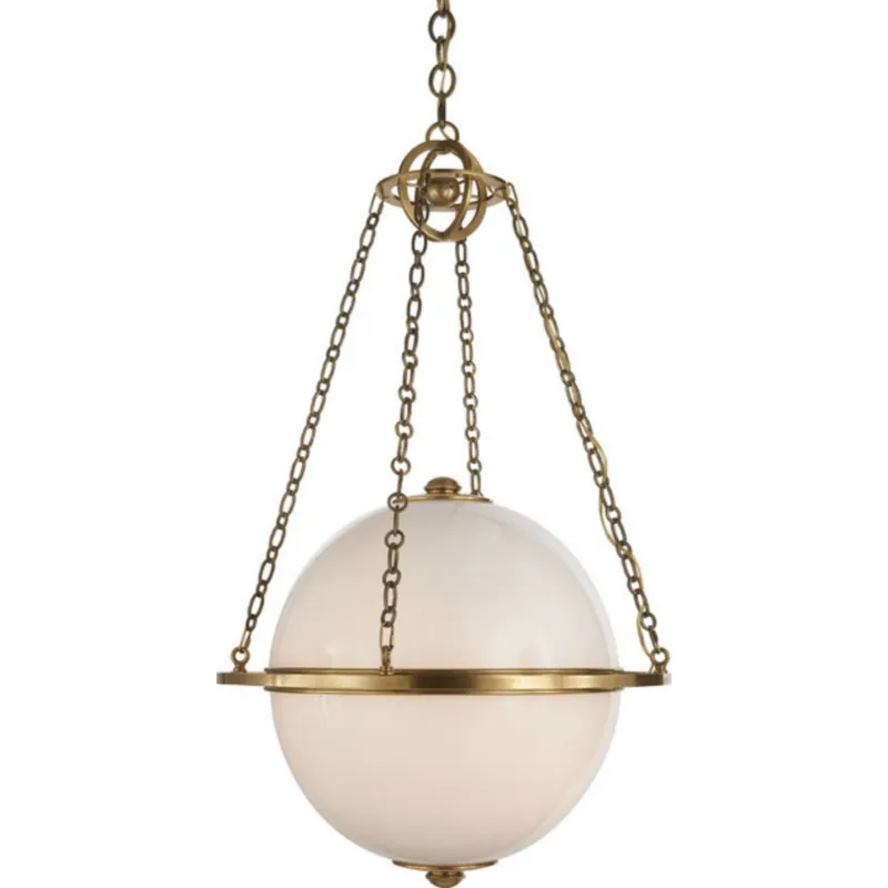 Chapman & Myers Modern Globe Lantern in Antique-Burnished Brass with White Glass Ceiling Light W24.25" x H39.25"