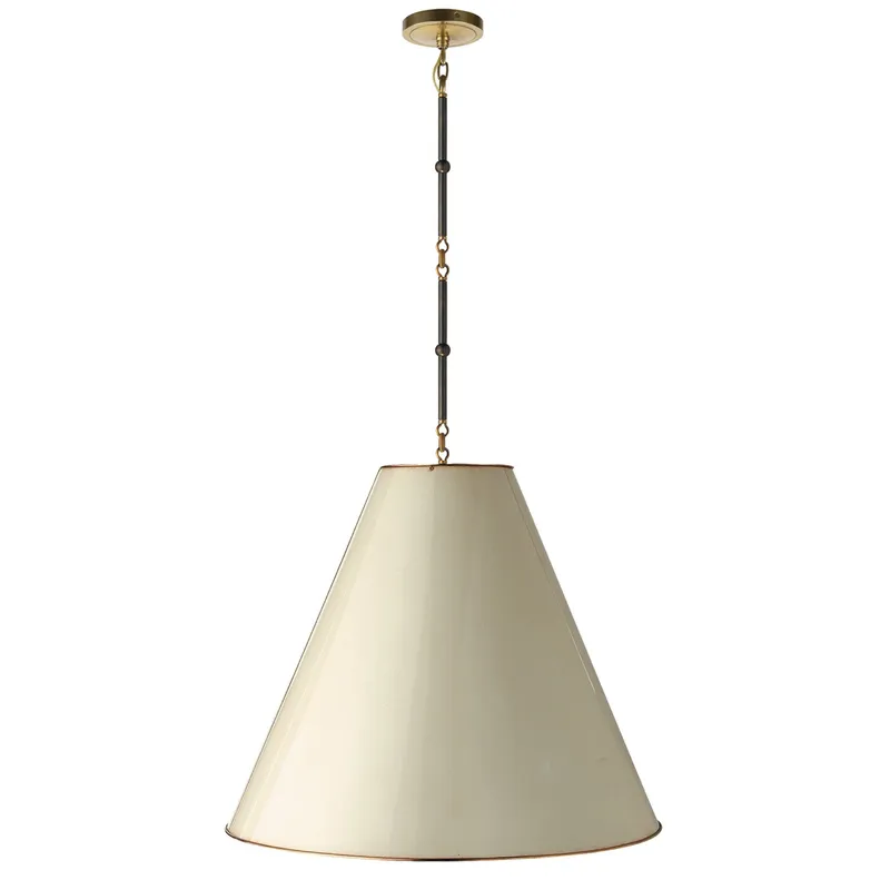 Thomas O'Brien Goodman Large Hanging Lamp in Bronze and Hand-Rubbed Antique Brass with Antique White Shade Ceiling Light W24"