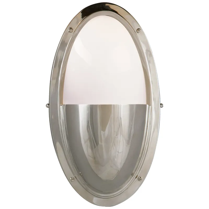 Thomas O'Brien Pelham Oval Light in Polished Nickel with White Glass Wall Light W6.25" x H11.5"