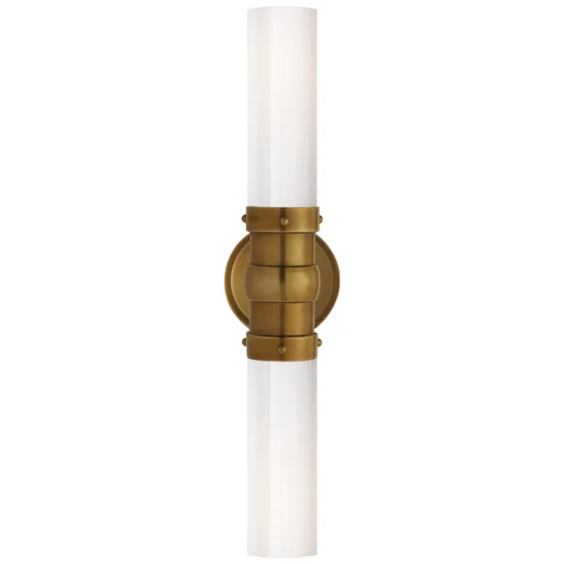Thomas O'Brien Graydon Double Bath Light in Hand-Rubbed Antique Brass with White Glass Wall Light H18"