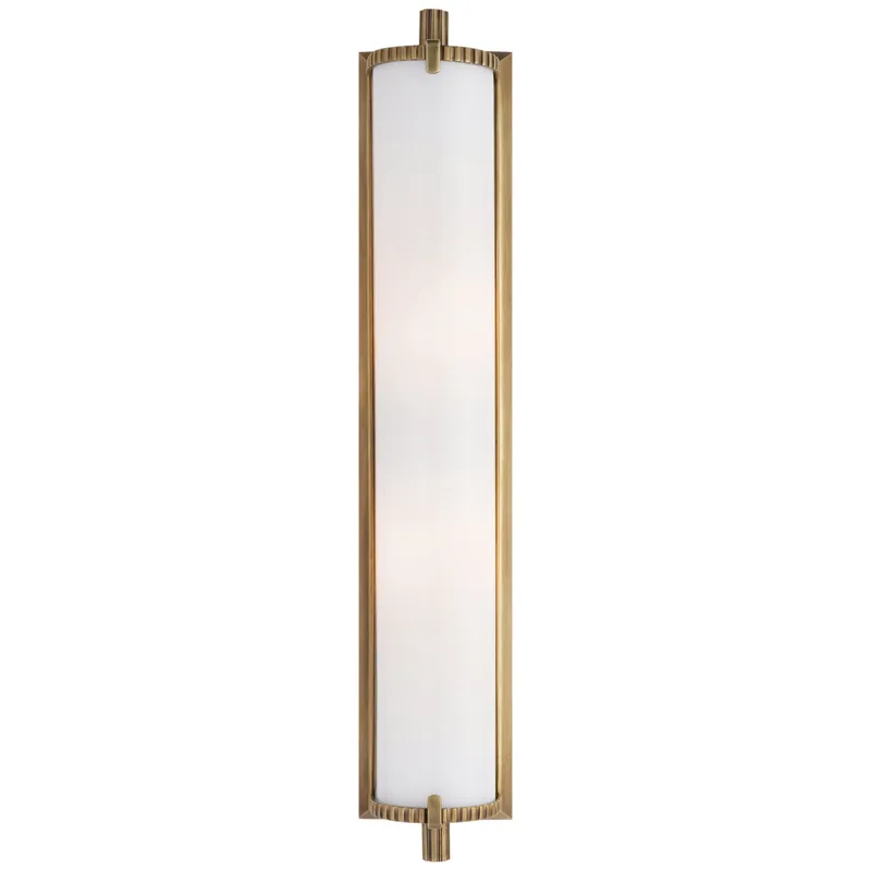 Thomas O'Brien Calliope Tall Bath Light in Hand-Rubbed Antique Brass with White Glass Wall Light W4" x H20.5"