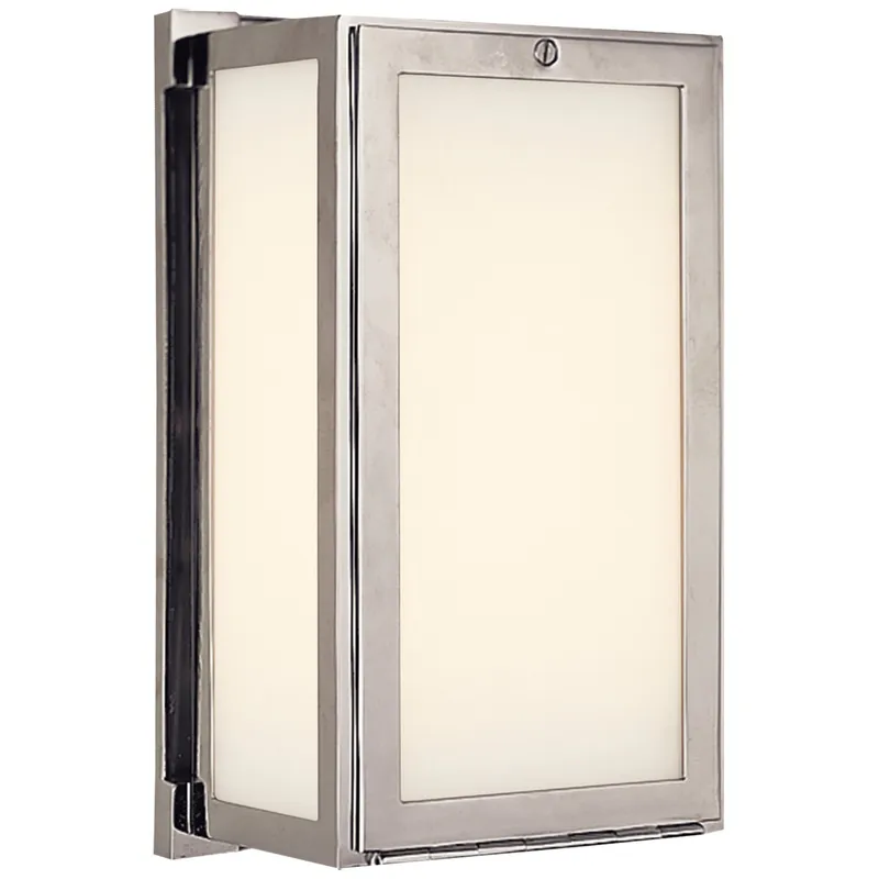 Thomas O'Brien Mercer Short Box Light in Polished Nickel with White Glass Wall Light W5.5" x H9.5"