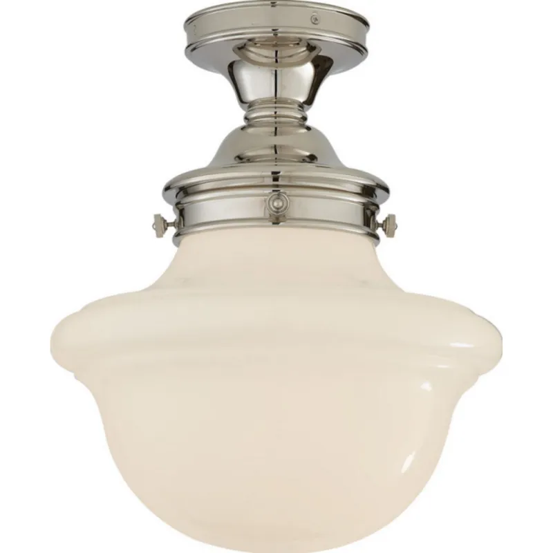Chapman & Myers Edmond Flush Mount in Polished Nickel with White School House Glass Ceiling Light W14.5" x H19"