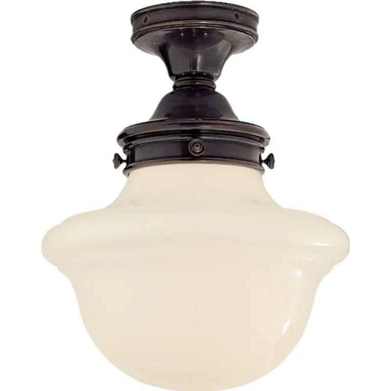 Chapman & Myers Edmond Flush Mount in Bronze with White School House Glass Ceiling Light W14.5" x H19"