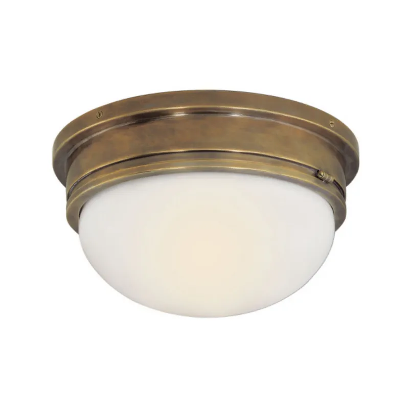 Chapman & Myers Marine Large Flush Mount in Hand-Rubbed Antique Brass with White Glass Ceiling Light W12.75" x H7"