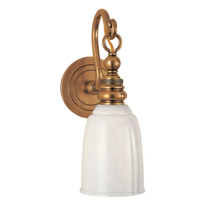 Chapman & Myers Boston Loop Arm Sconce in Hand-Rubbed Antique Brass with White Glass Wall Light W4.75" x H12.5"