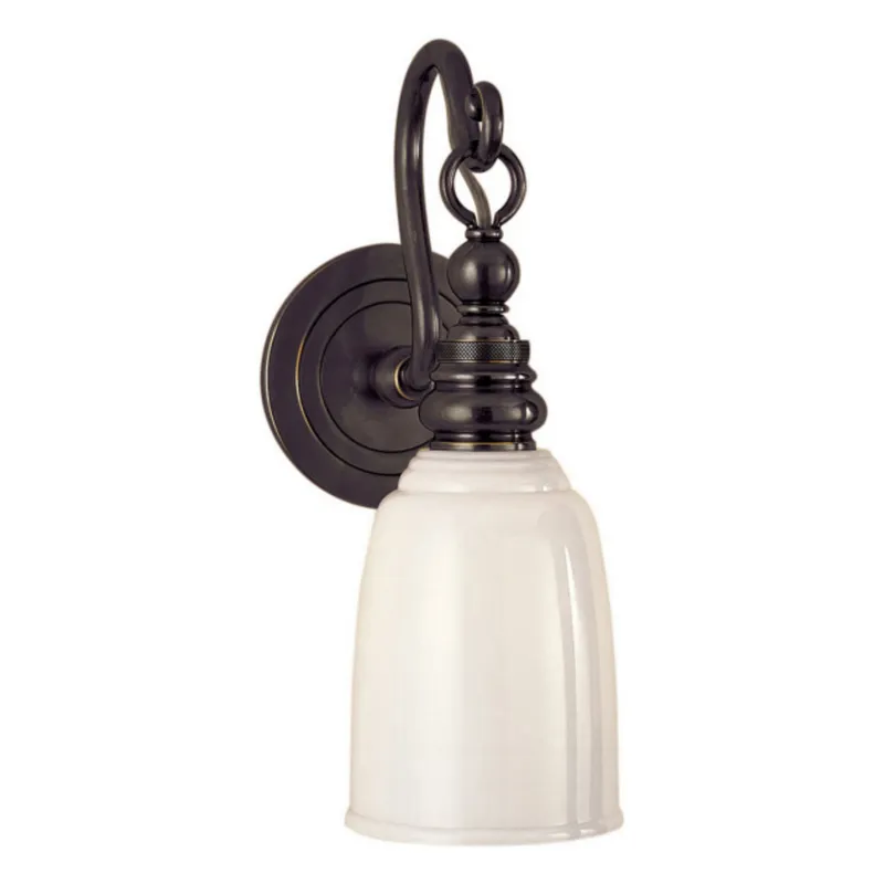 Chapman & Myers Boston Loop Arm Sconce in Bronze with White Glass Wall Light W4.75" x H12.5"