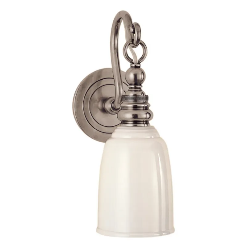 Chapman & Myers Boston Loop Arm Sconce in Antique Nickel with White Glass Wall Light W4.75" x H12.5"