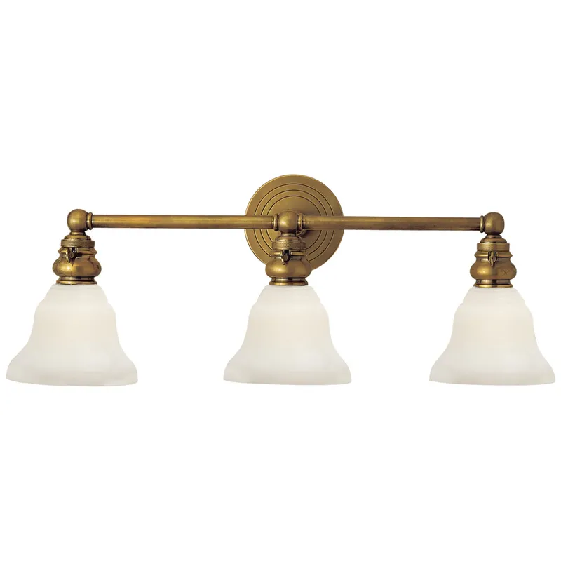 Chapman & Myers Boston Functional Triple Light in Hand-Rubbed Antique Brass with White Glass Wall Light W23" x H9"