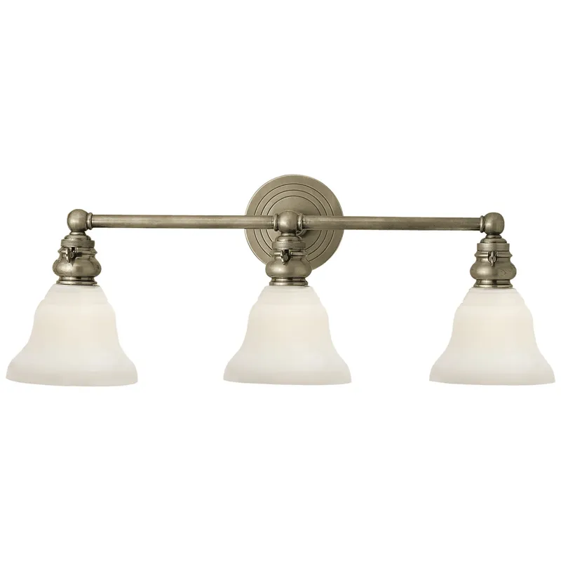 Chapman & Myers Boston Functional Triple Light in Antique Nickel with White Glass Wall Light W23" x H9"