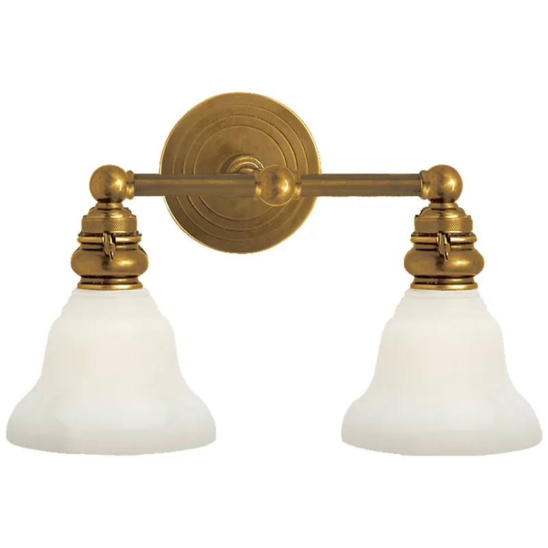 Chapman & Myers Boston Functional Double Light in Hand-Rubbed Antique Brass with White Glass Wall Light W14.5" x H9"