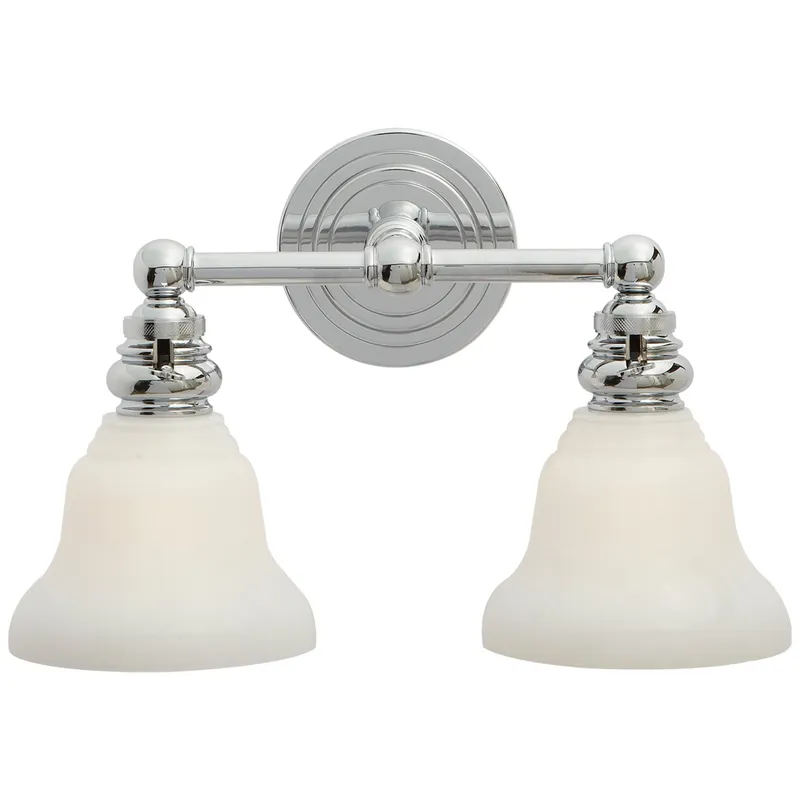Chapman & Myers Boston Functional Double Light in Chrome with White Glass Wall Light W14.5" x H9"