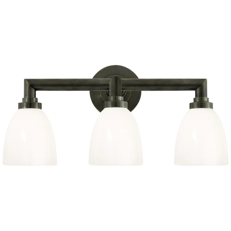 Chapman & Myers Wilton Triple Bath Light in Bronze with White Glass Wall Light W21.5" x H10.5"
